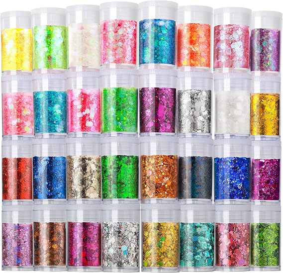 LEOBRO Holographic Chunky Glitter, 32 Colors Glitter for Crafts, Resin, Body Hair Face Nails, DIY Party Decorations, Flakes Sequins for Crafts