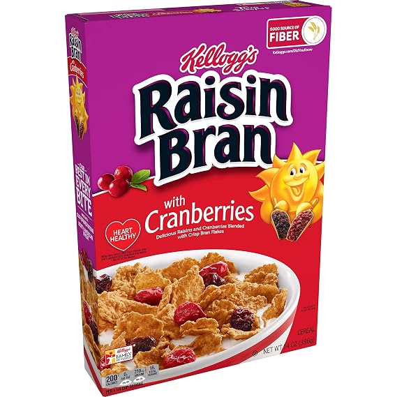 Kellogg's Raisin Bran, Breakfast Cereal, Original with Cranberries, Good Source of Fiber, 14oz Box