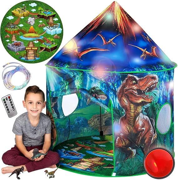 Dinosaur Pop Up Kids Play Tent by Toy to Enjoy - Perfect for Indoor & Outdoor. Dinosaur Camping Tent for Toddlers, Boys&Girls. Includes Remote Controlled Lights, Roar Sound Button & 3 Different Toys