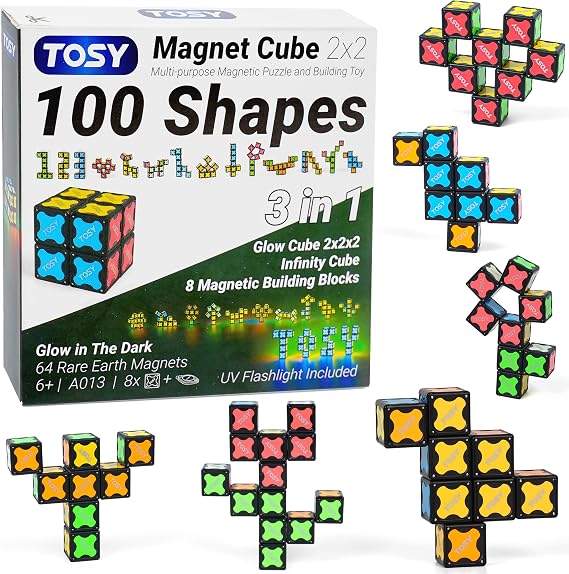 TOSY Magnet Cube 2x2 - 8 Blocks, 2 in 1 Toy: 2x2x2 Puzzle Cube and Customizable Infinity Cube, Glowing, UV Flashlight, Fidget/Sensory/STEM/STEAM Magnet Tiles Birthday Gift for Kids/Teens/Adults