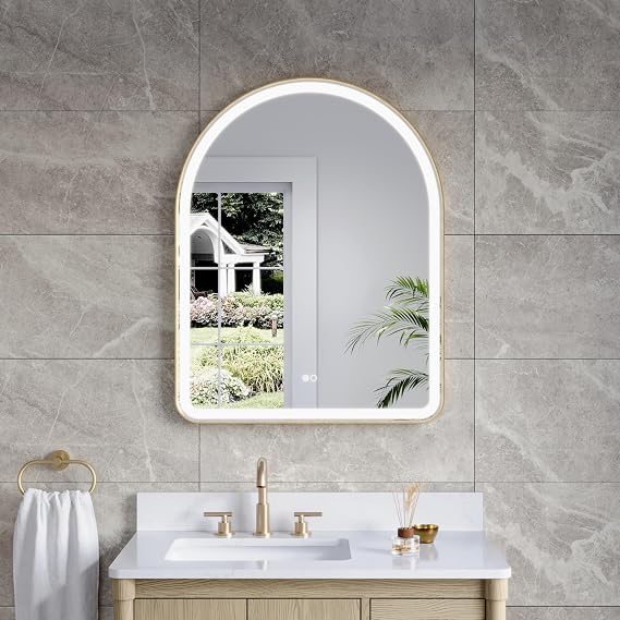 WELLFOR 28 x 36 Inch Arched Lighted Vanity Mirror, Wall-Mounted Framed Led Mirror, Lighted Mirror with Wider LED Light Frost Area Includes Dimmer Defogger (Brushed Gold)