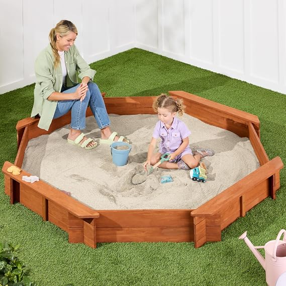 Best Choice Products Large Wooden Octagon Sandbox w/Lid for Kids, Brown