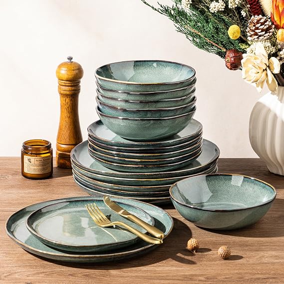 GBHOME Stoneware Dinnerware Sets for 4,12 Piece Rustic Plates and Bowls Set | Earthenware Handmade Reactive Glaze Plate Sets, Chip Resistant Ceramic Dishes, Microwave & Dishwasher Safe, Coastal Teal
