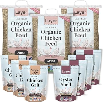 Mile Four Organic Layer Chicken Feed Kit | Feeds 10 Layer (20+ Weeks) Chickens for 4 Weeks | Feed (69 lb), Grit (12 lb), Oyster Shell (16 lb) | Mash