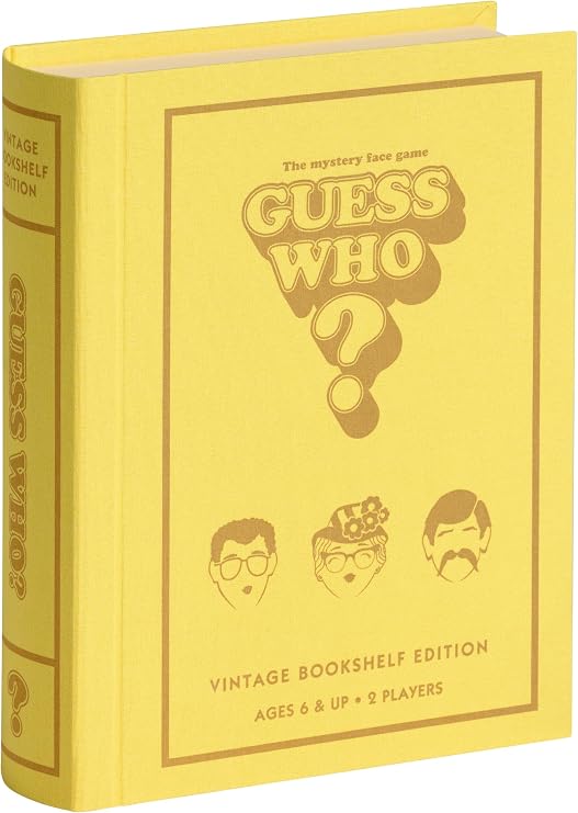 WS Game Company Guess Who? Vintage Bookshelf Edition Kids Deduction Game | Classic Family Deduction Board Game for Kids and Adults, Linen-Wrapped Book Box, Integrated Storage, 2 Players Ages 6 and Up