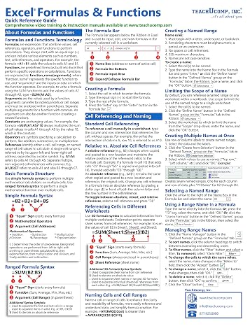 Microsoft Excel Formulas and Functions Laminated Quick Reference Training Tutorial Guide Cheat Sheet (Instructions and Tips)