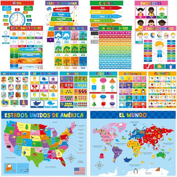 Laminated Bilingual Learning Poster, 8 PCS English & Spanish Posters