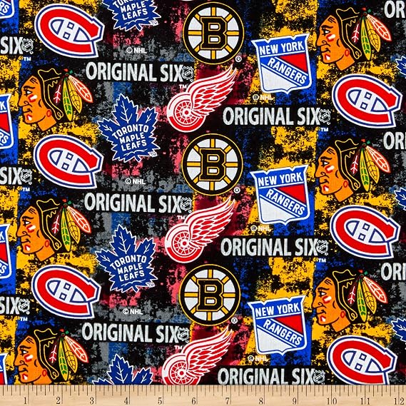 NHL Original Six Distressed Tossed Logo Allover Cotton Multi, Fabric by the Yard