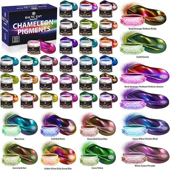 BALTIC DAY 28 Chameleon Mica Powders + 12 Hypershift/Intense Color-Shift Pigments Set for Epoxy Resin