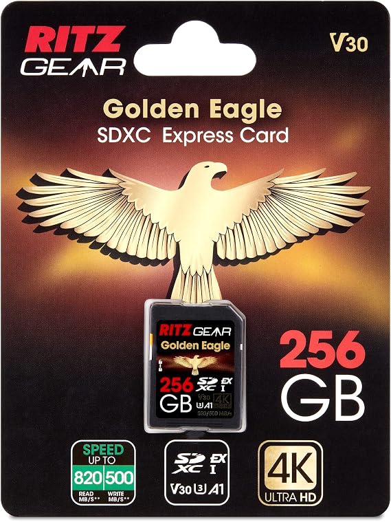 Ritz Gear SDExpress Golden Eagle SDXC Express SD Card 256GB | SD 7.0 V30 A1 820/500 Mb/S Read/Write, Backwards Compatible, 3D, RAW, Burst Mode, 4K UHD Video |Extreme Speed|SDExpress-Reader Included