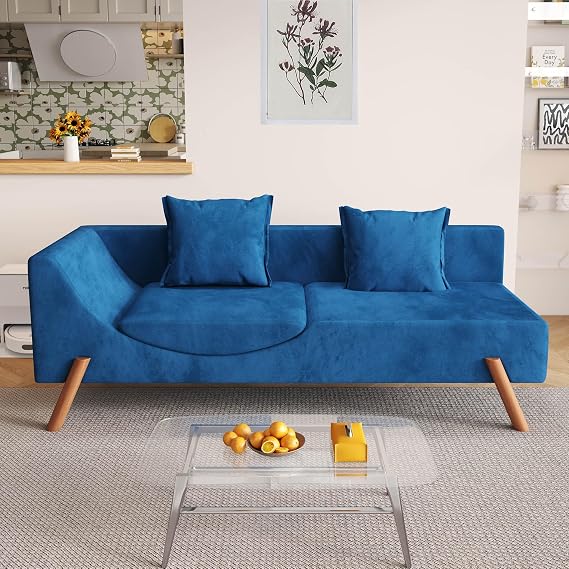 Velvet Convertible Futon Loveseat Sofa,65" Cut-and-Fill Chaise Longue,Tufted Loveseat Sofa Bed for Small Space,Sleeper Couch with Wooden Legs,Convertible Sleeper Sofa for Living Room (Blue)