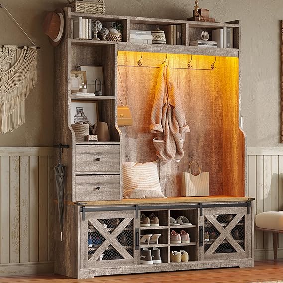 AMERLIFE 75" 7-in-1 Farmhouse Hall Tree with Shoe Bench & LED, Rustic Grey | 7-in-1 Design, 16-Color RGB LED Lights, Barn Door Cabinet, 12 Shoe Cubbies, 2 Drawers, Adjustable Shelves, Coat Racks