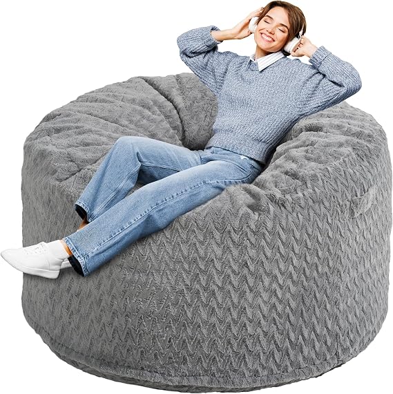 Homguava Bean Bag Chair: 5' Bean Bags with Memory Foam Filled, Large Beanbag Chairs Soft Sofa with Dutch Chevron Plush Cover 5FT(50"50"26"),Grey
