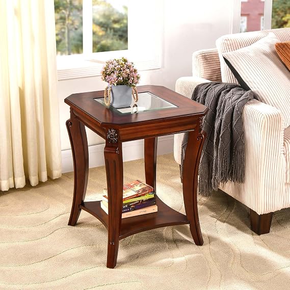Square Solid Wood End Table with Storage Shelf, 19.7" Dx23.8 H | 2-Tier Side Tables Living Room, Vintage Beside Table, Nightstand with Curved Legs and Glass Tabletop, Walnut Accent Table