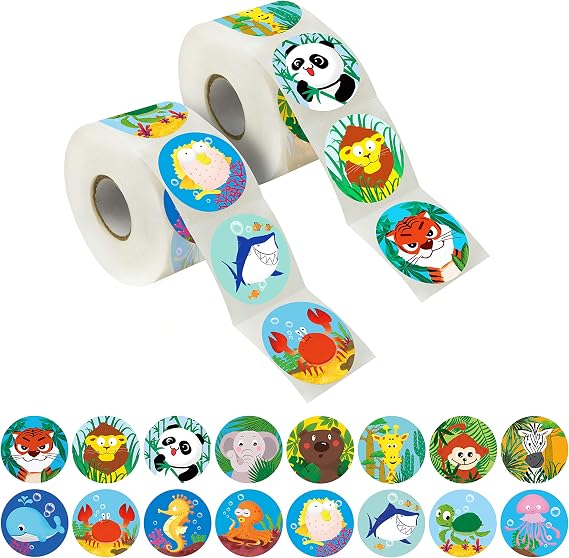 600 Pcs Round Zoo Marine Animal Stickers in 16 Designs with Perforated Line Expanded Version (Each Measures 1.5" in Diameter)