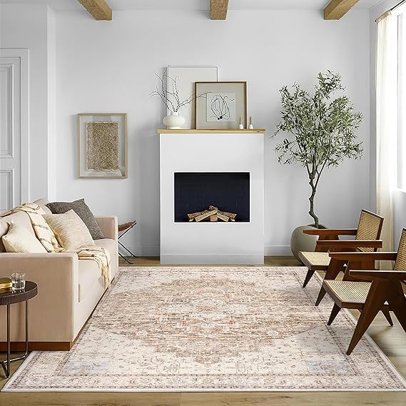 BILEEHOME Boho Farmhouse Bedroom Rugs Washable Light Brown Area Rug 5x8