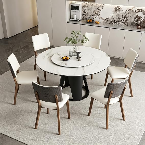 7-Pcs Dining Table Set, 59"D Round Dining Room Table Set of 6 with 31.5" Removable Lazy Susan, Modern Sintered Stone Dining Tabletop with Metal Base, Faux Marble Dining Table with 6 Chairs for Home