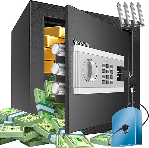 KESSER Electronic Safe | 38 x 30 x 30 cm | Includes Battery Box | Electronic Safe | 3x Double Bolt Lock | Floor Wall Safe | Furniture Safe | Interior Lighting | Armoured Cabinet Combination Lock