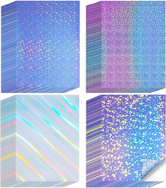 60 Sheets Printable Holographic Laminate Sheets Vinyl Sticker Paper Printable Holographic Sticker Paper for Inkjet/Laser Printer Waterproof with Gem Rainbow Spot Star Patterns 8.5 x 11"