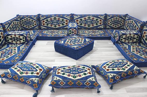 French Bench Cushions, Arabic Majlis Seating, Arabic Floor Seating Sofa, Floor Couch, Indoor Floor Sofa, Floor Cushion, U Shaped Couch (U Sofa + Ottoman + Pillows)