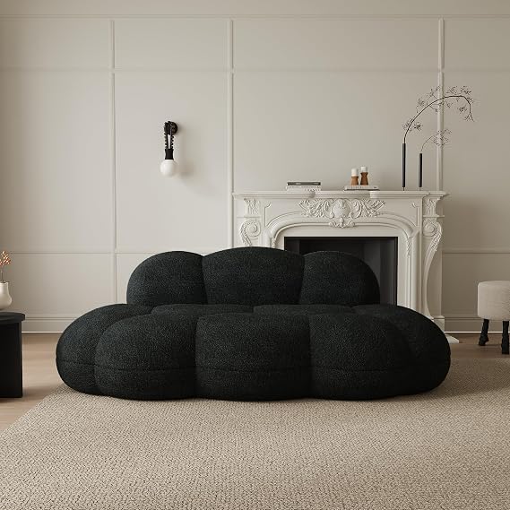 3 Seater Cloud Sofa for Living Room, Modern Sherpa Upholstered Couch, Minimalist Leisure Sofa, Comfy Cloud Couch for Apartment, Small Space, No Assembly Required (Black)