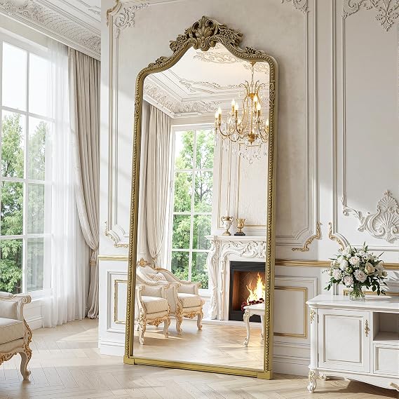 71"x32"Arched Full Length Floor Mirror, Gold Traditional Ornate Antique | Carved Garland Frame Body Hanging Leaning,Full Body Mirrors for Home Decor Shatter-proof Glass Wall Living Room Cloakroom