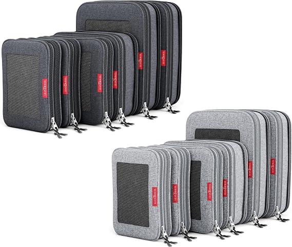 LeanTravel Compression Packing Cubes for Travel Organizers with Double Zipper (12-Pack Grey-Black)