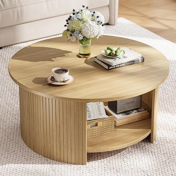 Round Coffee Table with Storage, 31.5" Modern Fluted Center Table, 2-Tier Mid Century Coffee Table, Wood Circle Table for Living Room, Home Office, Small Space, Oak
