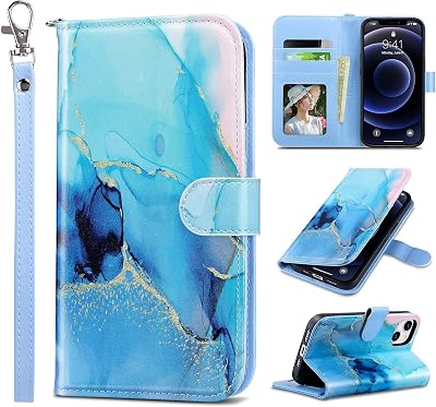 ULAK Compatible with iPhone 13 Wallet Case for Women, Premium PU Leather Flip Cover with Card Holder and Kickstand Feature Protective Phone Case Designed for iPhone 13 6.1 Inch, Blue Marble