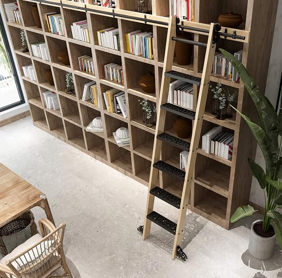 DIYHD 87" Knotty Pine Sliding Library Ladder with Metal Step, Paintable