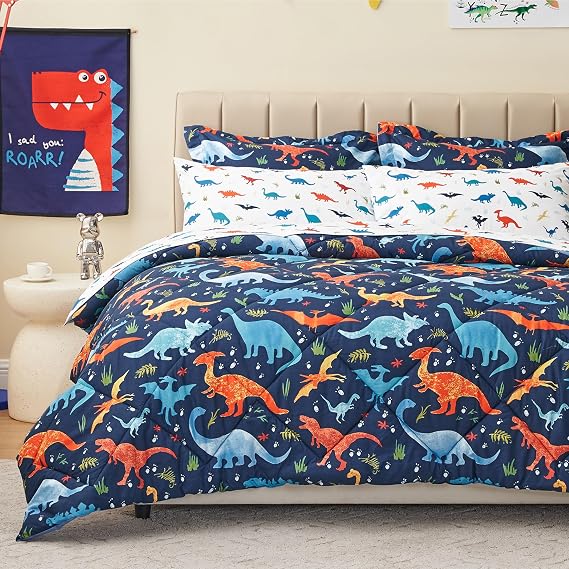 PPOLCA Kids Twin Dinosaur Bedding Comforter Set for Boys, 5 Pieces Twin Size Dinosaur Kids Bedding Set, Super Soft Lightweight Microfiber Comforter Set with Sheets for All Seasons