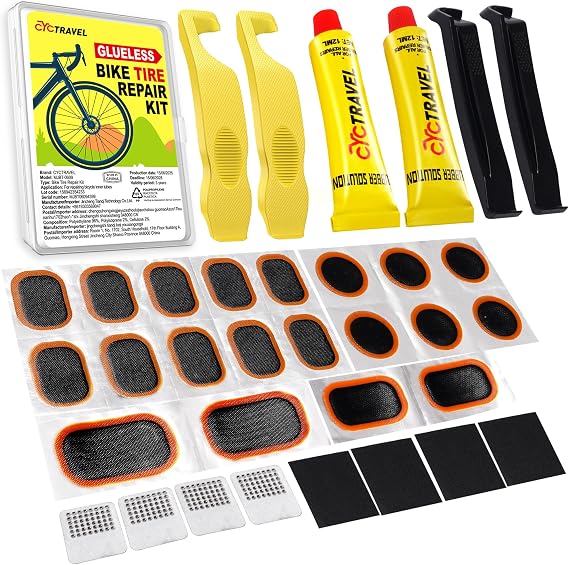 Bike Tire Repair Kit, Bicycle Inner Tube Puncture Patch Kits with Vulcanizing Patches, User Manual, Metal Rasp and Tire Lever(Plastic-ABS/Fiberglass Reinforced) for Mountain and Road Bike.