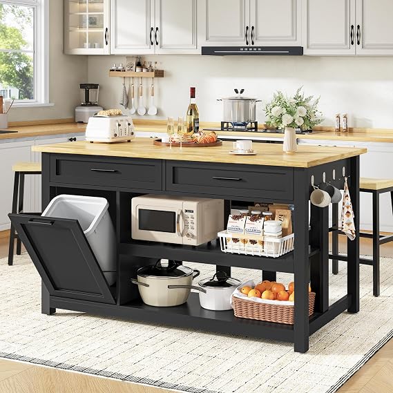 Kitchen Island with Storage and Seating Include 2 Bar Stools, Drawers,Black | 47" Solid Rubberwood Top Kitchen Island with Trash Can Storage, Power Outlet, 6 Hooks, Coffee Bar Cabinet, Dining Table for 2