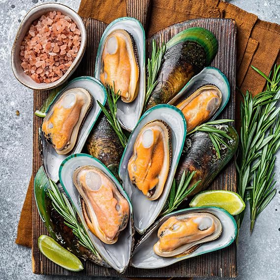 OCEANZEN: New Zealand Green Lipped Mussels Half Shell, Wild Caught Jumbo Size Frozen, 2x2 lb Packs, for BBQ Steam(4 lbs) Box
