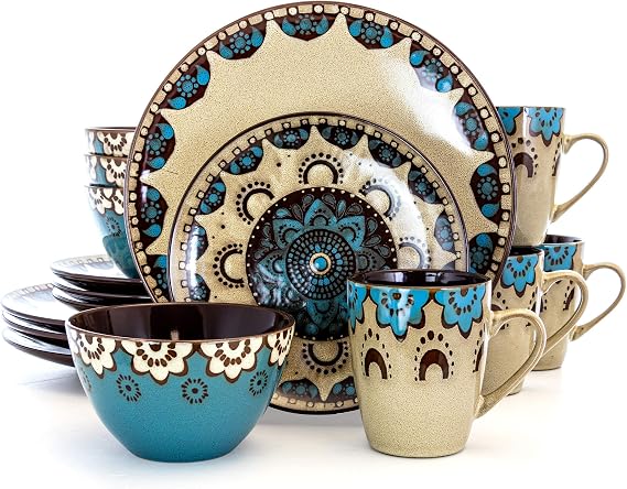 Elama Stoneware Dinnerware Collection, 16 Piece, Tan, Blue, Brown