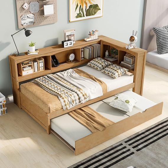 Bellemave Wood Twin Size Daybed with Trundle,Storage Cabinets and USB Ports, Wood Color