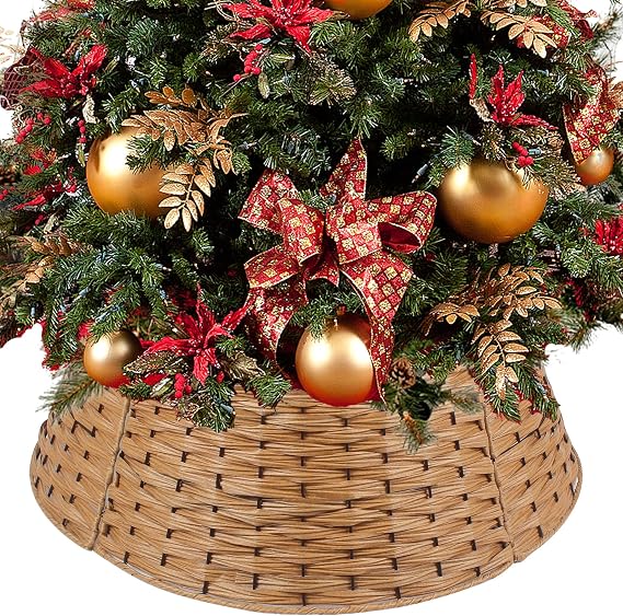 Christmas Tree Collar 26'' D Handmade Artificial Rattan Wicker Tree Collar Basket Christmas Woven Tree Ring Stand Base Cover for Holiday Christmas Decoration-Round Light Brown