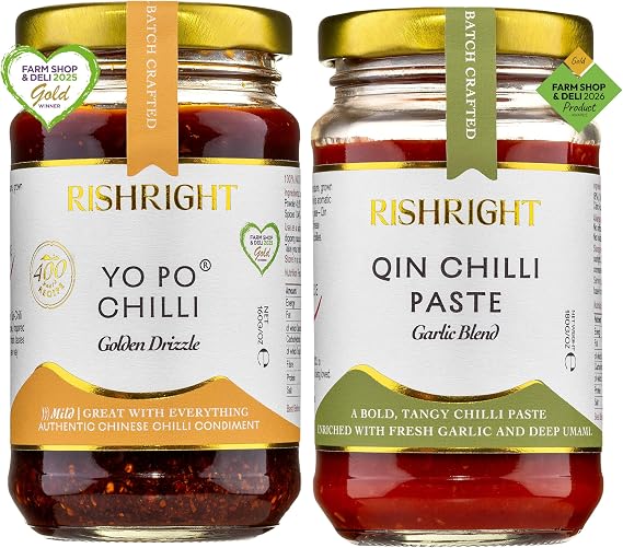 RishRight Smooth Chilli Sauce Gift Set | 2in1 TasteBox | Yo Po Chilli Drizzle & Garlic Blend Qin Chilli Sauce | Award Winning Chinese Chilli Oil | Perfect With Dumplings, Chinese Noodles