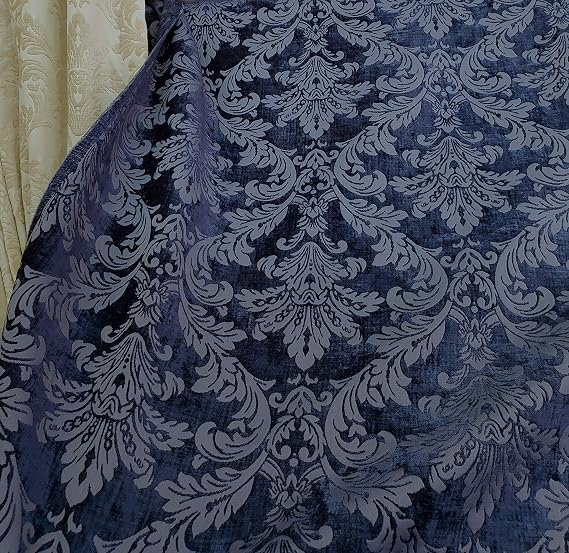 Chenille Baroque Upholstery, Damask Tapestry Chenille Fabric - Upholstery Fabric, Navy Blue - 58" Width - Sold by The Yard.