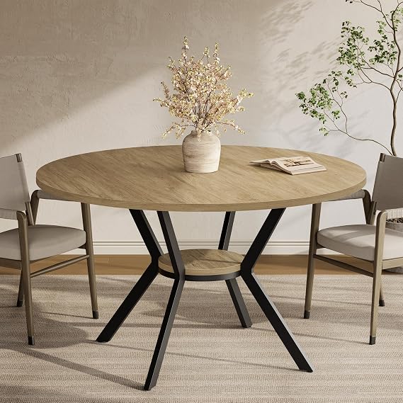 MECHYIN 42'' Round Dining Table for 24, Farmhouse Round Kitchen Table with Storage Shelf, Pedestal Dinner Table, Wood Top & Metal Base, Small Space Table for Apartment, Dining Room, Light Oak
