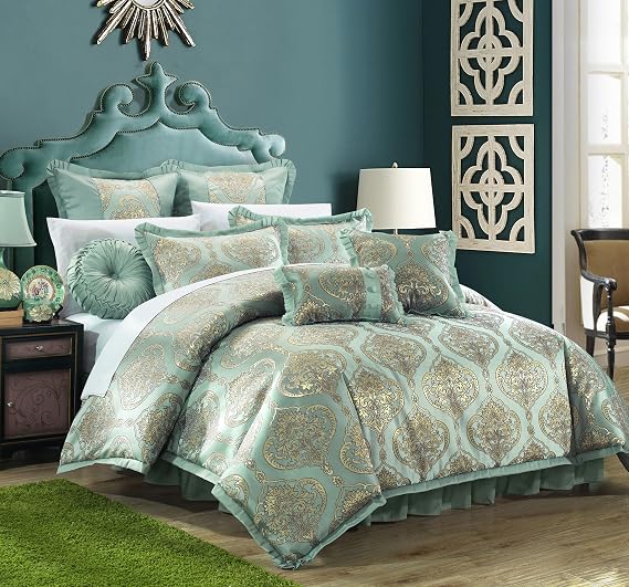 Chic Home CS4630-AN 9 Piece Como Decorator Upholstery Quality Jacquard Motif Fabric Bedroom Comforter Set & Pillows Ensemble, King, Blue