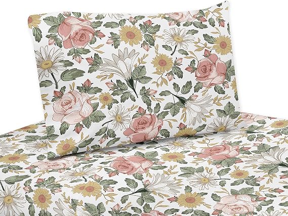 Sweet Jojo Designs Vintage Floral Boho Queen Sheet Set - 4 piece Set - Blush Pink, Yellow, Green and White Shabby Chic Rose Flower Farmhouse