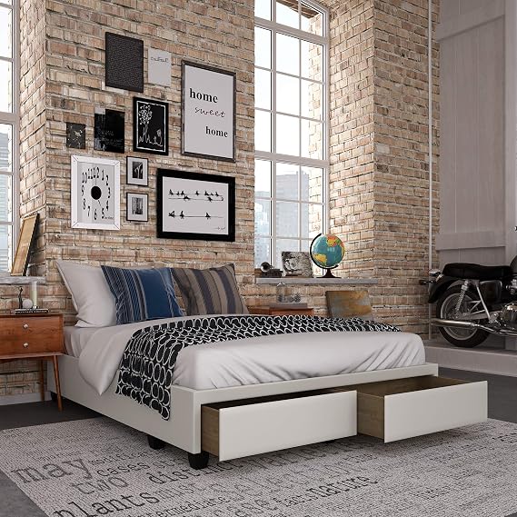 Boyd Sleep Parma Platform Bed with Two Storage Drawers Modern Design: Space Saving Storage No Box Spring Needed, Faux Leather, White, Queen