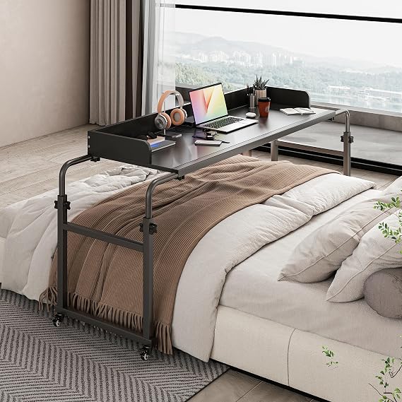 Furist Overbed Table with 360 Wheels, Queen Size Mobile Bed Desk, Recliner Table Over Bed Table Adjustable Height and Length Overbed Table with Heavy Duty Metal Leg for Hospital and Home use