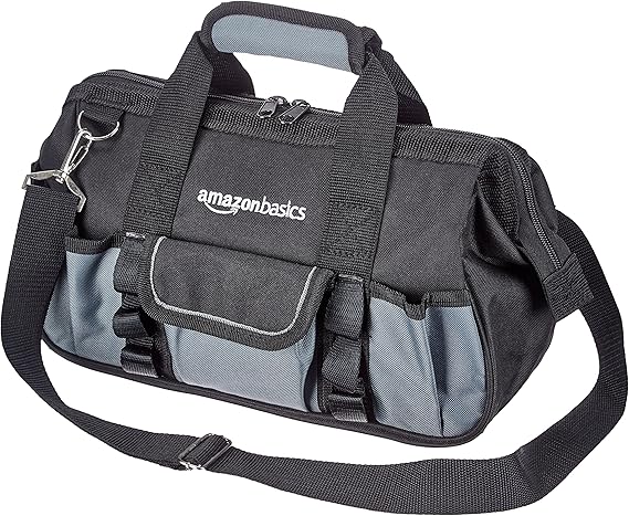 Amazon Basics Durable Wear-Resistant Tool Storage Bag with Adjustable Shoulder Strap, Portable Tool Organizer, 16 Pockets, 12 in, Black & Gray