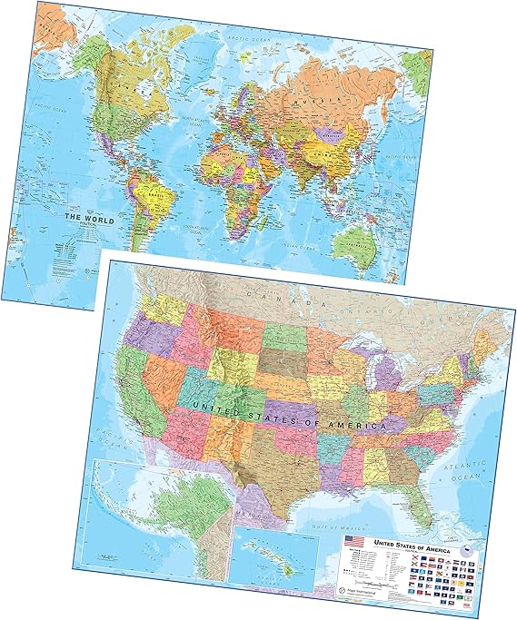 Laminated World Map & US Map Poster Pack - 17 x 22 - Maps of the World & United States - Detailed Cartography - Maps International