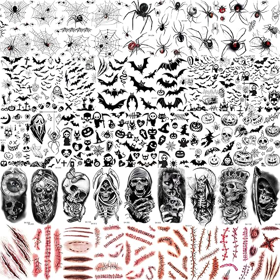 TASROI 236+ PCS 45 Sheets Halloween Temporary Tattoos For Kids Zombie Makeup Kits 3D Bats Spider Web Witch Small Black Ghost Pumpkin Face Stitches Fake Scar Tattoo Stickers For Women Adult Men Skull